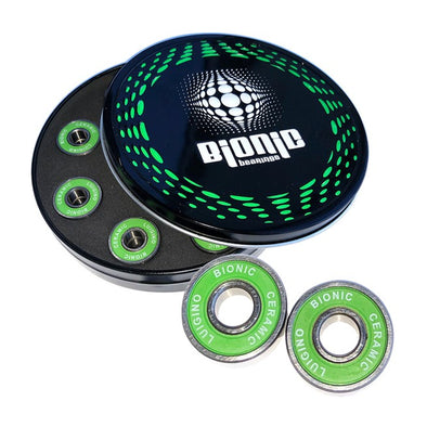 green shield skate bearings in a round tin