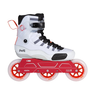 white inline skates with tri frame red frame and white wheels with a red hub 
