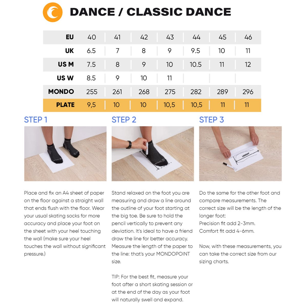 Chaya Classic Dance 24 Roller Skates Siza Chart - Lucky Skates
