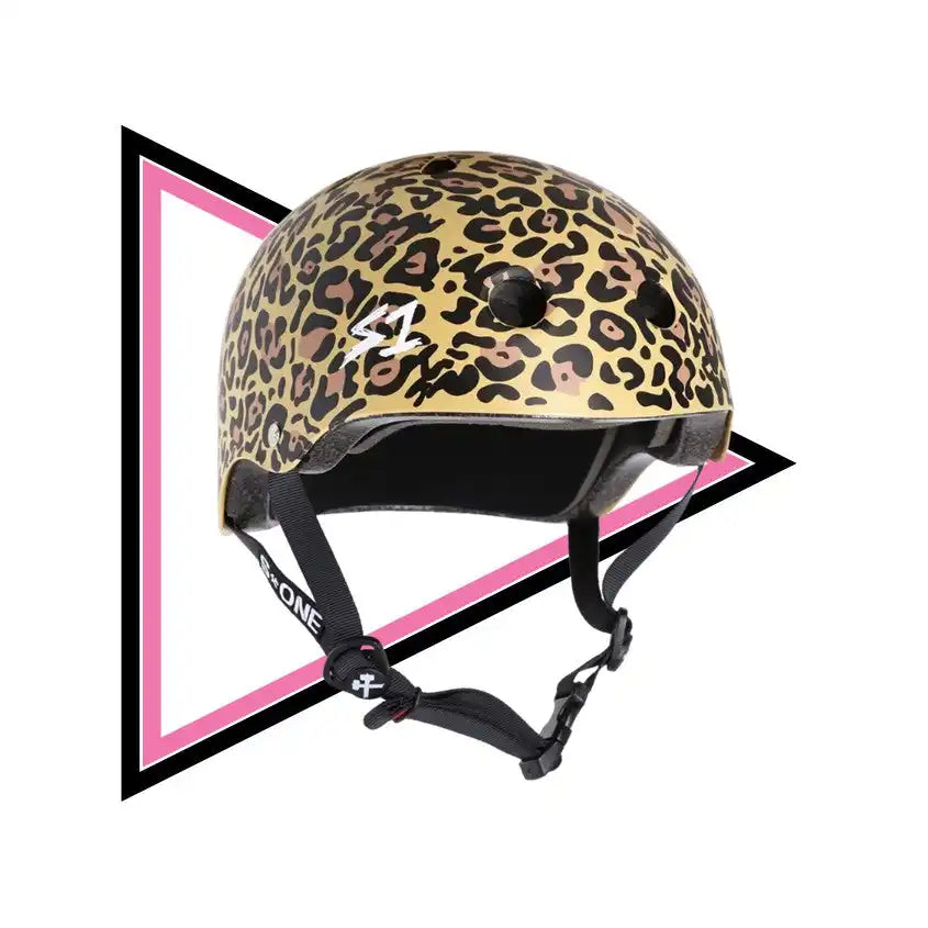 Leopard-print safety helmet.