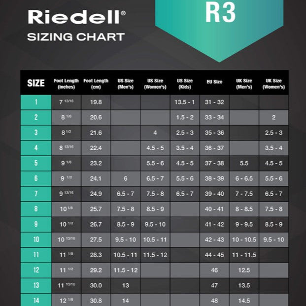 Riedell R3 Roller Skates Size Chart - Lucky Skates