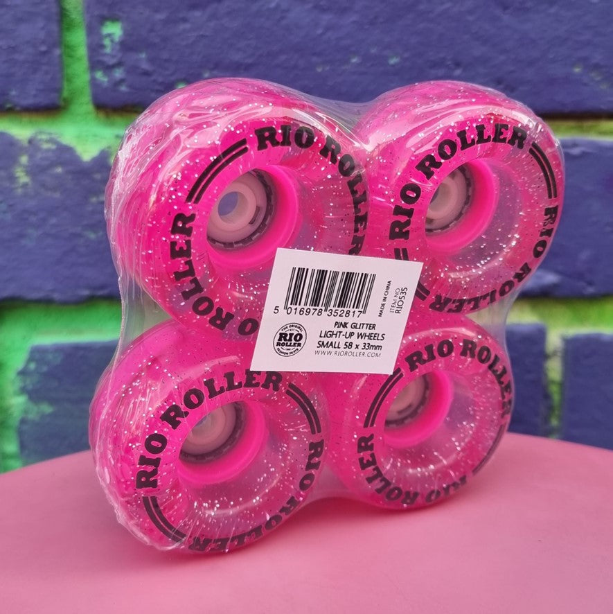 Rio Roller Light Up LED Roller Skate Wheels Pink Glitter 58mm 82A - 4 Pack - Lucky Skates