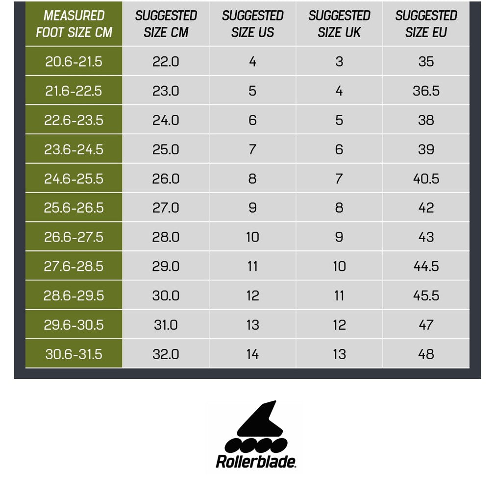 Rollerblade Cruiser/RB Pro Inline Skate Size Chart - Lucky Skates