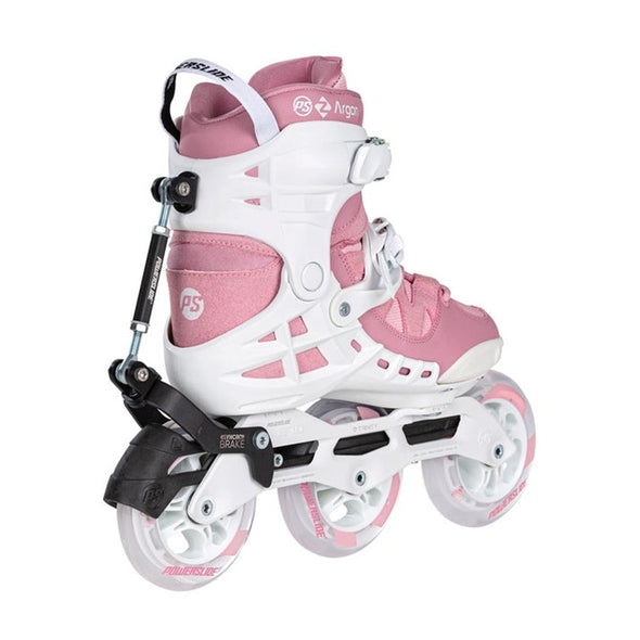 white pink argon recreation inline tri skates 110mm with automatic syncro brake system