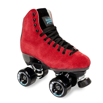 RED LEATHER SUEDE ROLLER SKATES WITH BLACK TONGUE AND BLACK BOARDWALK OUTDOOR 78A 65MM WHEELS 