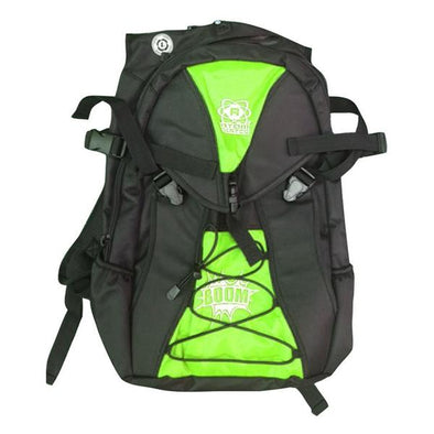bright green black inline rollerskate backpack, 'Boom' front pocket 