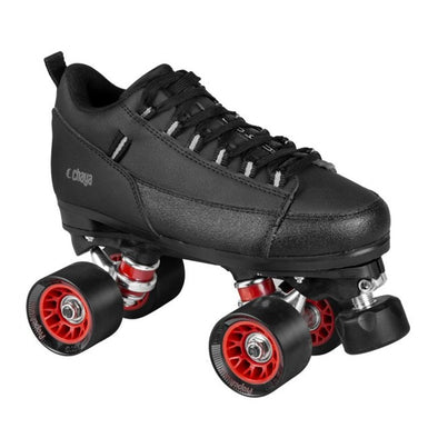 black sneaker speed roller derby quad roller skates, black red wheels, adjustable toe stops  