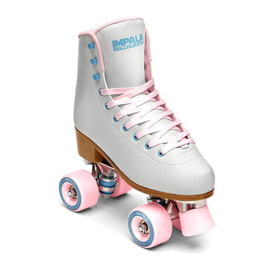 light grey high top rollerskates with pastel pink and pastel blue accents, pink impala wheels
