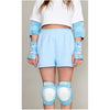 person wearing skty blue impala padding set, wrist guards, knee pads, elbow pads