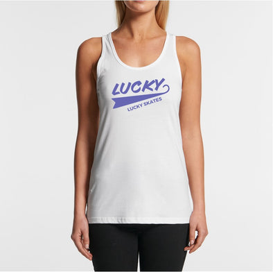 white lucky skates singlet with text in purple LUCKY SKATES 