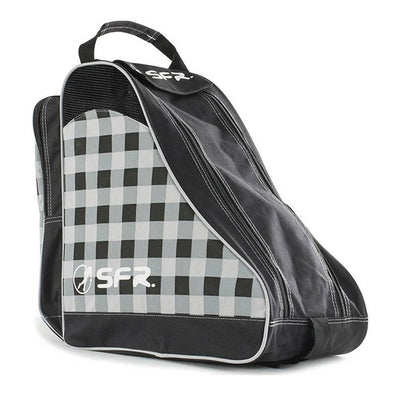 checkered black grey triangle bag, 2 zips on front, 1 rear zip, small handle, large strap