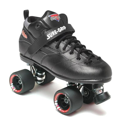 black sneaker speed roller derby quad roller skates, black wheels, adjustable toe stops  