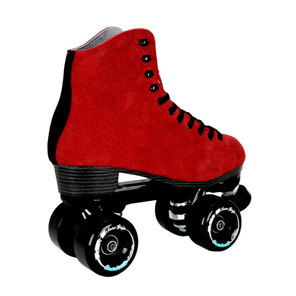 RED LEATHER SUEDE ROLLER SKATES WITH BLACK TONGUE AND BLACK BOARDWALK OUTDOOR 78A 65MM WHEELS 