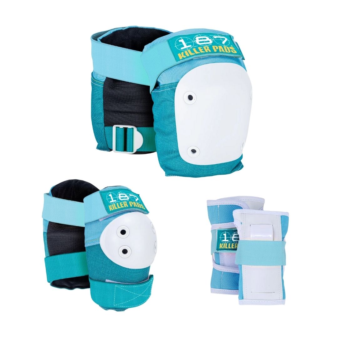 187 Killer Six Pack Padding Set Teal Knee Pads Wrist Guards Elbow Pads - Lucky Skates 