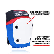 187 killer pad red and blue knee pads with white caps