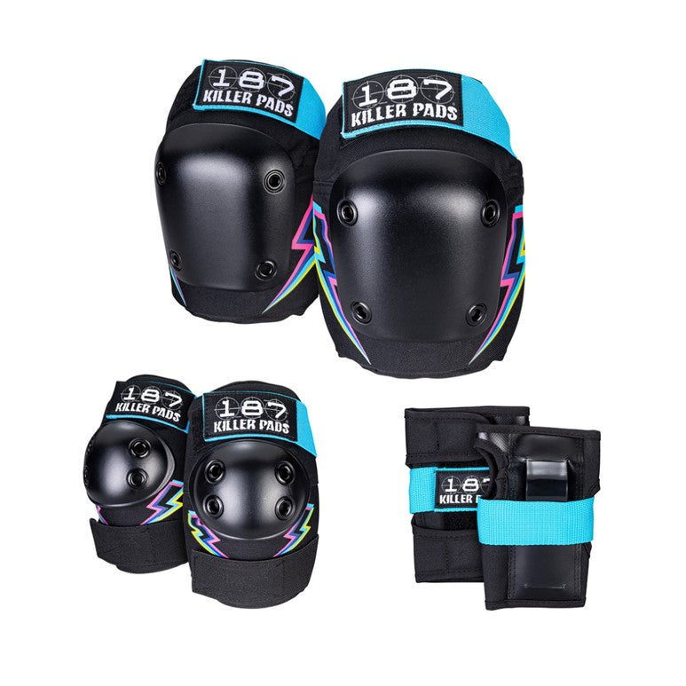 187 Killer Six Pack Junior Electric Bolt Blue - Knee Pads / Elbow Pads / Wrist Guards - Lucky Skates
