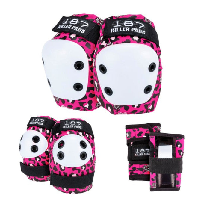 187 Killer Junior Pad Set Pink Leopard Print - Knee Pads / Elbow Pads / Wrist Guards -  Lucky Skates
