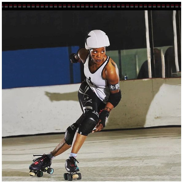 derby skater wearing 187 slim elbow pads