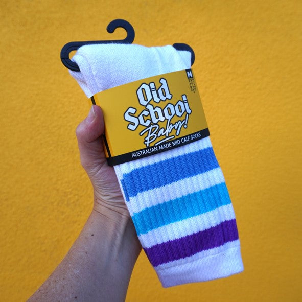 white 3 stripe socks blue purple 