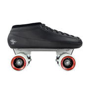 black bont speed skate with no toe stop plate and white and red wheels 