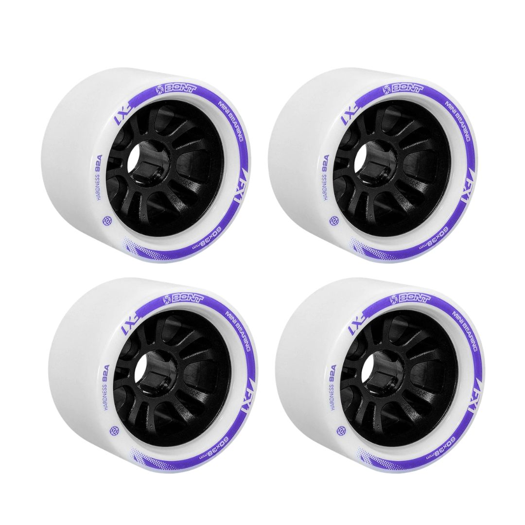 Bont FX1 Indoor Roller Skate Wheels Mini Hub 92A White Purple 60mm x 38mm 4 Pack - Lucky Skates 