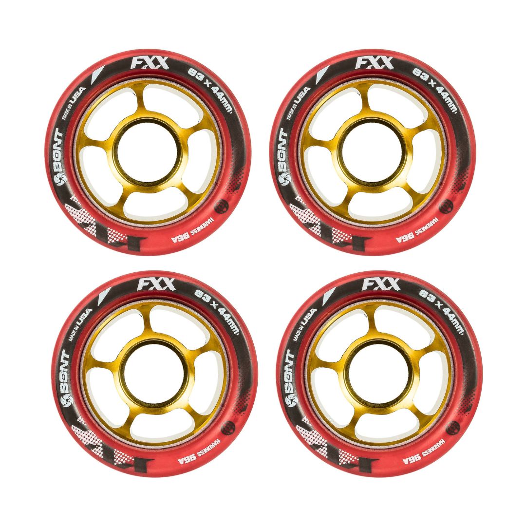 Bont FXX Speed Indoor Roller Skate Wheels Red Gold Alloy Hub 44mm x 63mm 96A 4 Pack - Lucky Skates