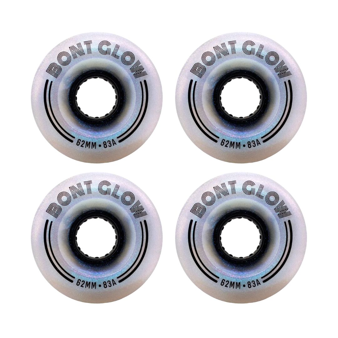Bont Light Up Glow Angelic Aqua LED Outdoor Hybrid Roller Skate Wheels  White Glitter 83a 62mm 4 Pack - Lucky Skates