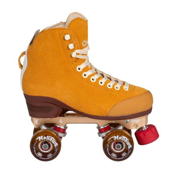 chaya suede orange high top roller skate gold plate clear brown outdoor wheels red toe stop