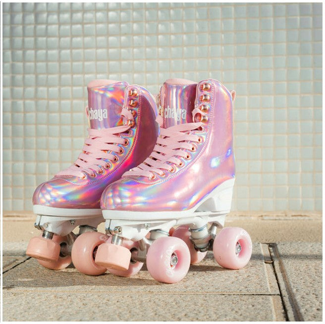 pink holographic high top rollerskates with white sole and pink cloud 9 outdoor wheels pink adjustable toe stops 