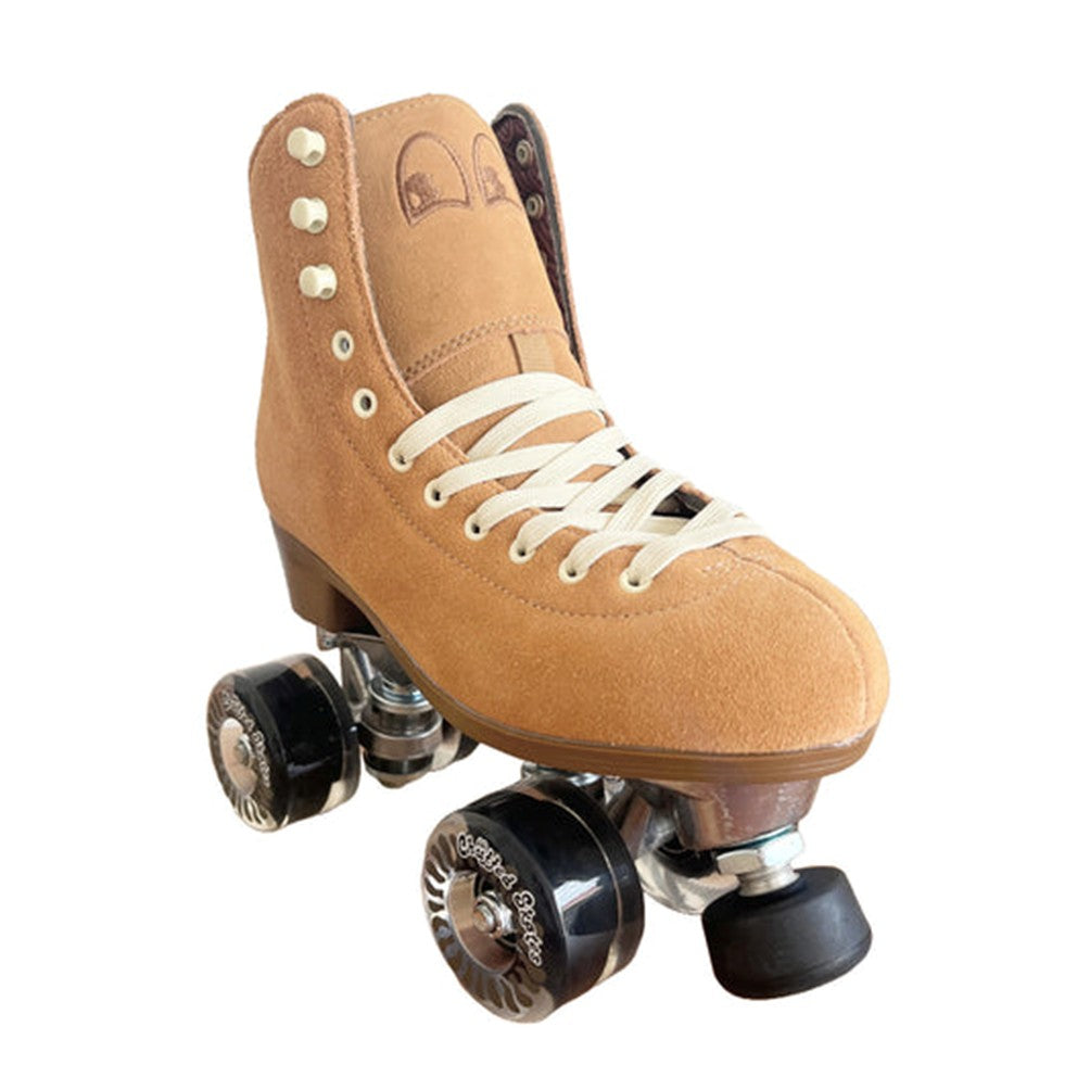 tan coloured high top quad roller skate 