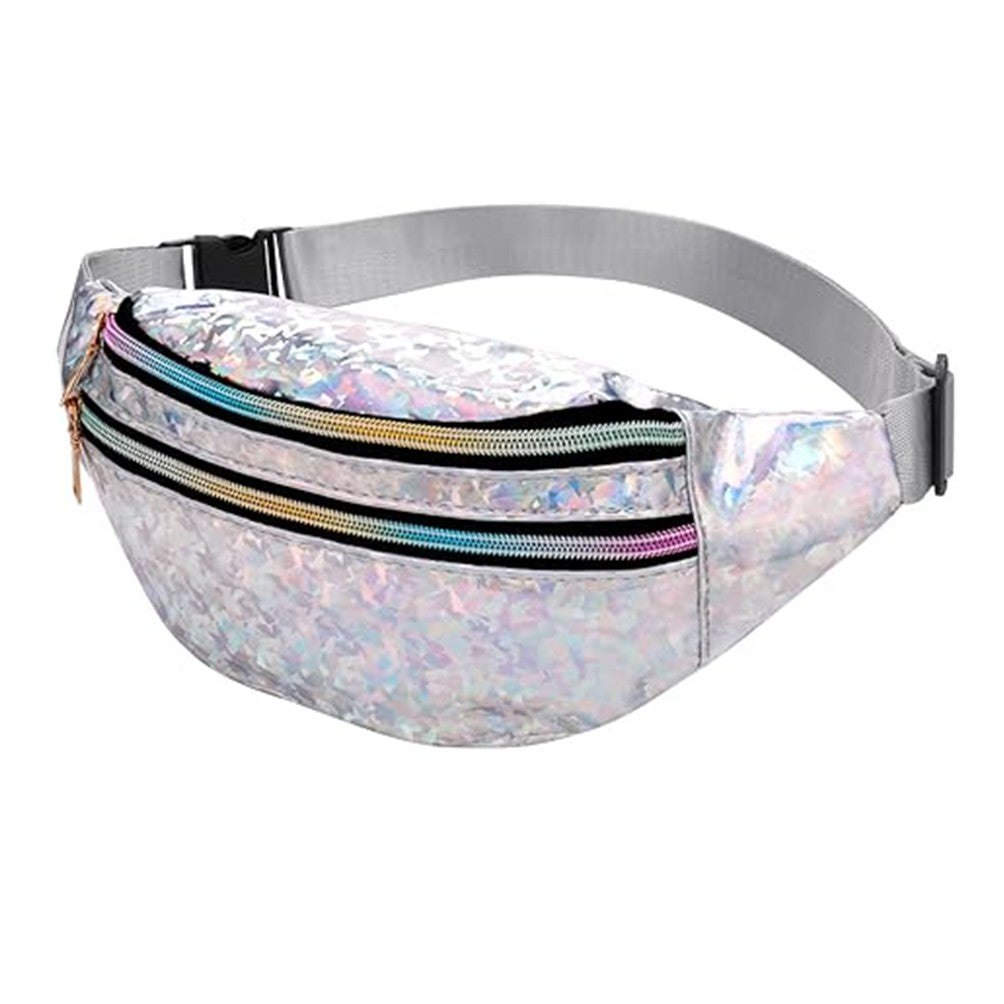 Holographic Shiny Silver Fanny Pack Grey Strap