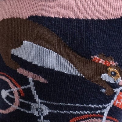 CLOSE UP OF SQUIRREL RIDING BIKE ON SIDE OF NAVY SOCK