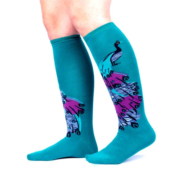 KNEE HIGH AQUA SOCKS WITH PURPLE AND BLUE PEACOCK