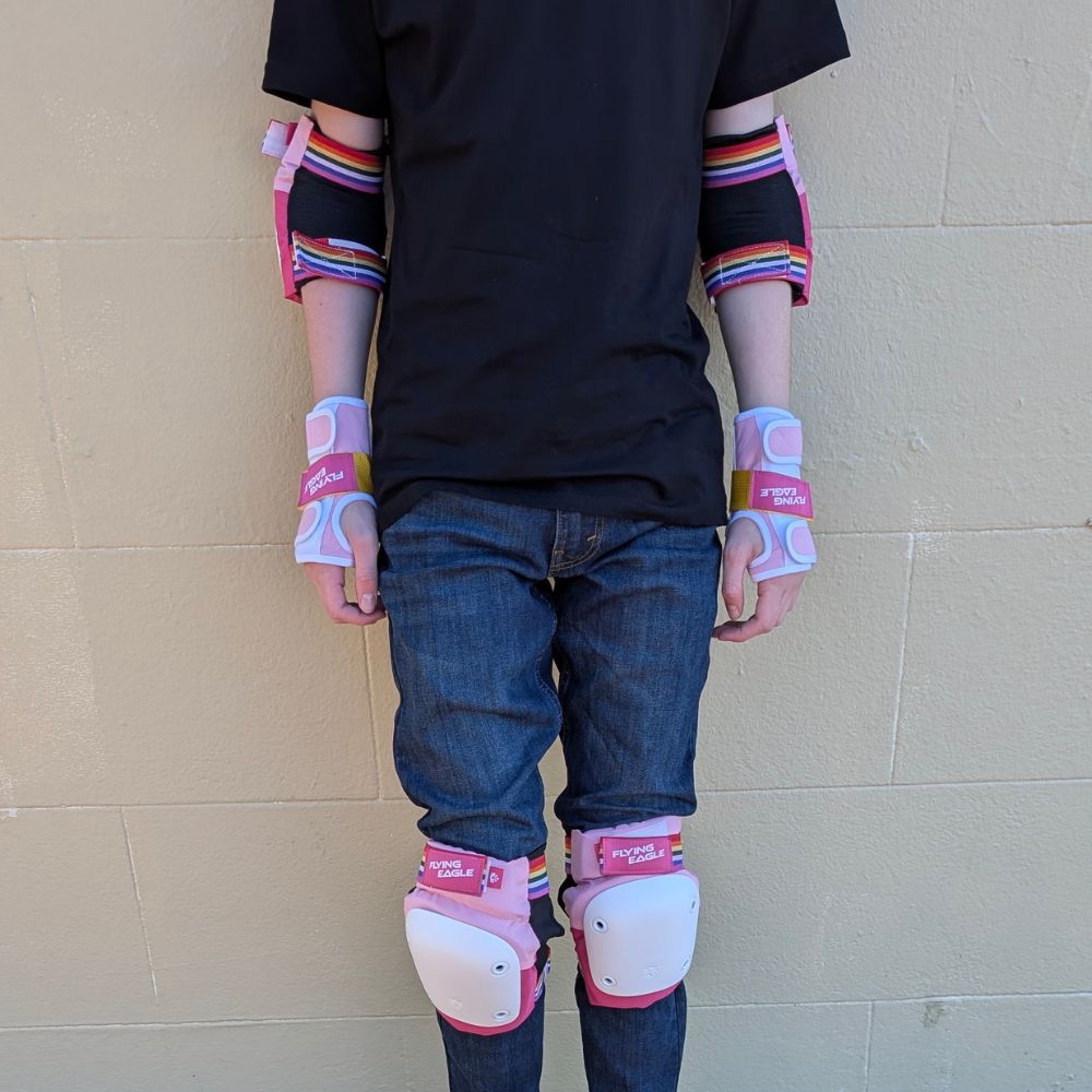 Flying Eagle Pink rainbow protective Padding Set Knee pads, elbow pads and wrist guards - Lucky Skates 