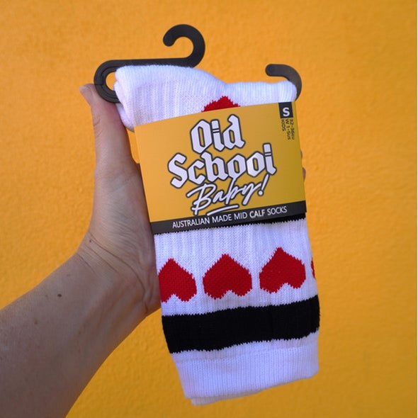 old school baby! white mid calf socks eith red love hearts 
