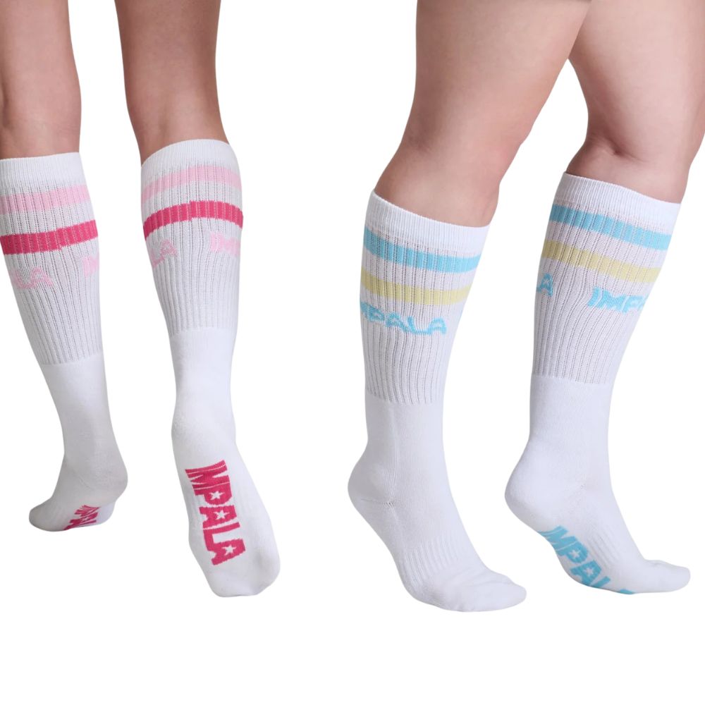 White Knee High Stripe Retro Skate Socks 2 Pack - Lucky Skates 