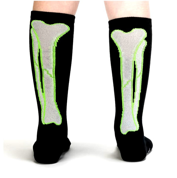 BLACK KNEE HIGH SOCKS WITH WHITE AND GREEN GLOW IN THE DARK SKELETON PRINT