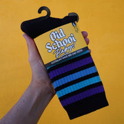 black socks with blue purple stripes