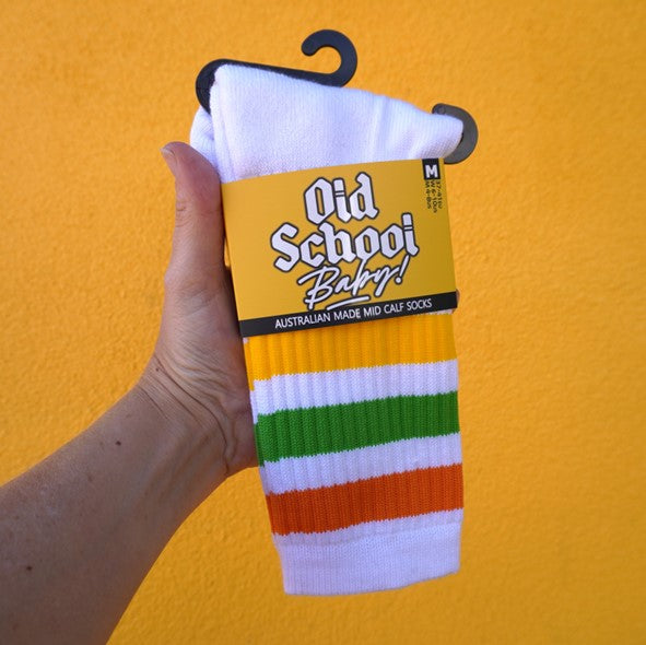 white calf socks orange, yellow and green stripes 