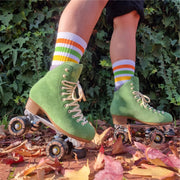 white mid alf socks green orange yellow stripes