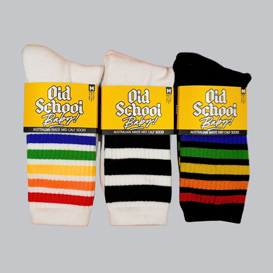 Three Pairs of Old School Baby Socks Lucky Rainbow, Rainbow Dream and Cool Cats Mid High Skate Socks - Lucky Skates 