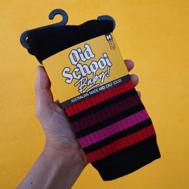 black mid calf skate socks, maroon pink red stripes 