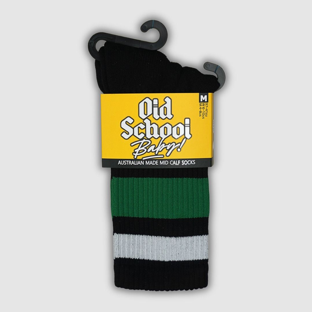 Old School Baby! Team Green Mid High Skate Socks Black Green Striped - Lucky Skates 