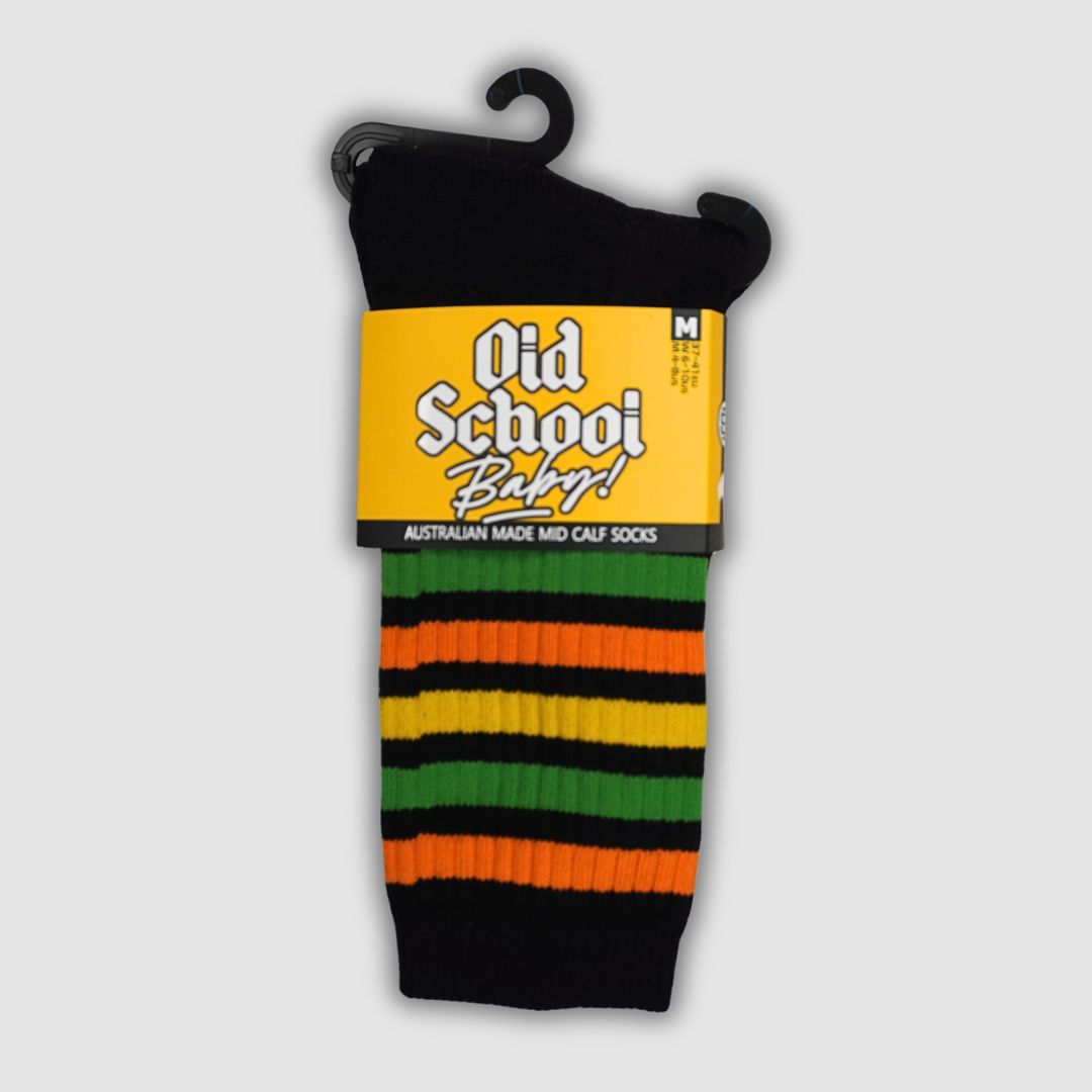 Old School Baby! Skate Socks Citris Smash Black Greeen Orange Yellow  Striped Mid High - Lucky Skates
