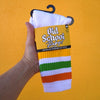 old school baby white calf socks with orange, yellow and green stripes 
