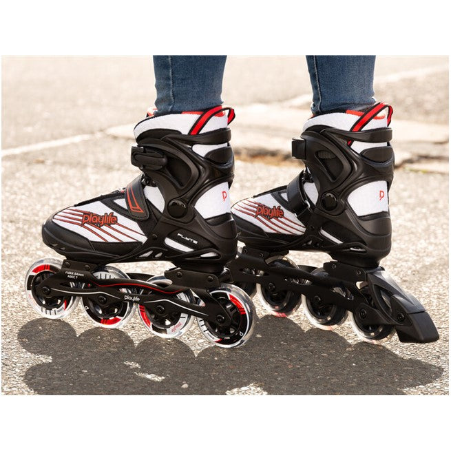 PERSON WEARING BLACK RED INLINE SKATES 