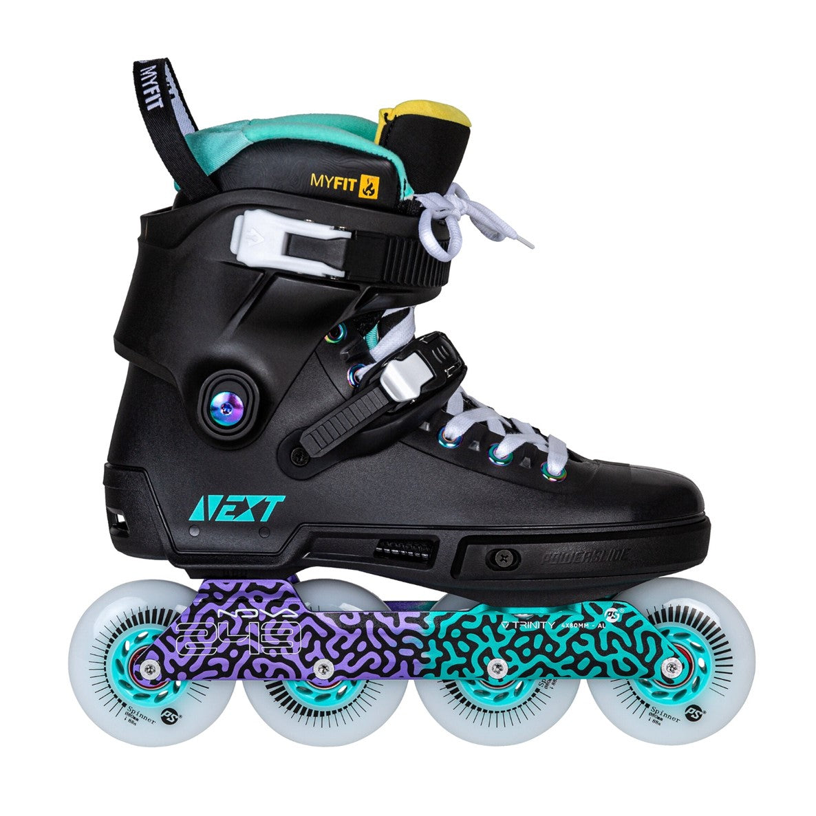 green purple inline urban skates 