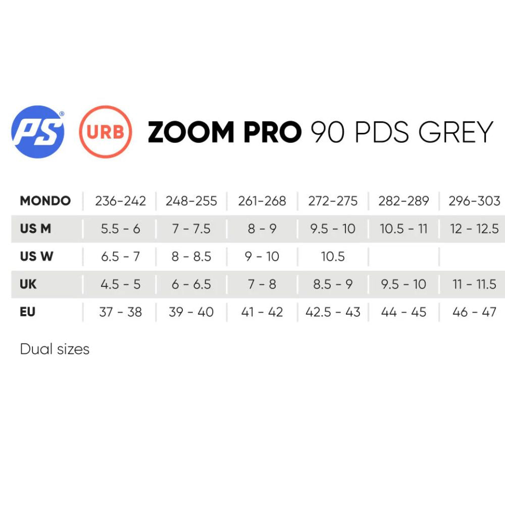 Powerslide Zoom Pro 90mm Grey Inline Skates Size Chart - Lucky Skates  