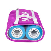 purple roller skate wheel bag with blue wheels 