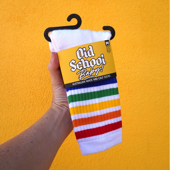 old school baby! white mid calf socks with rainbow stripes 
